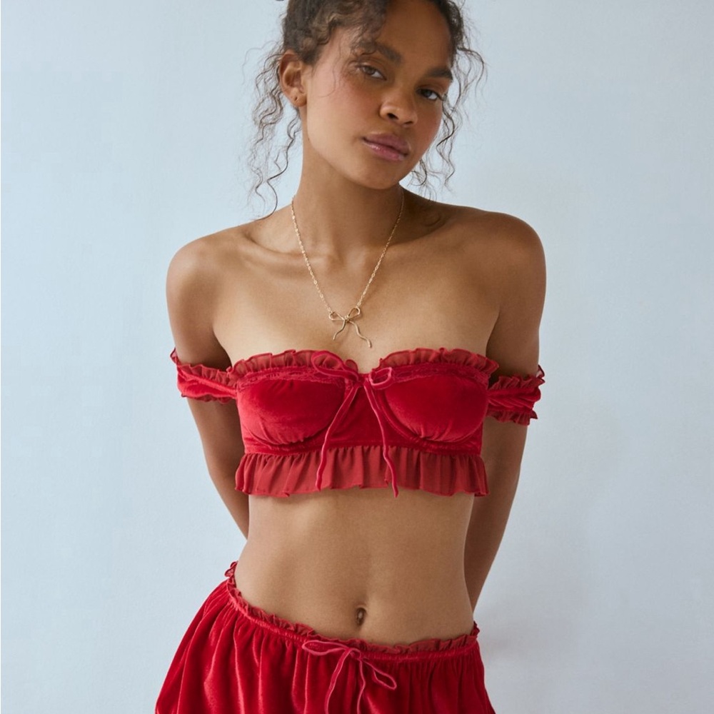 Urban Outfitters Red Off-Shoulder Ruffle Velvet Crop Top